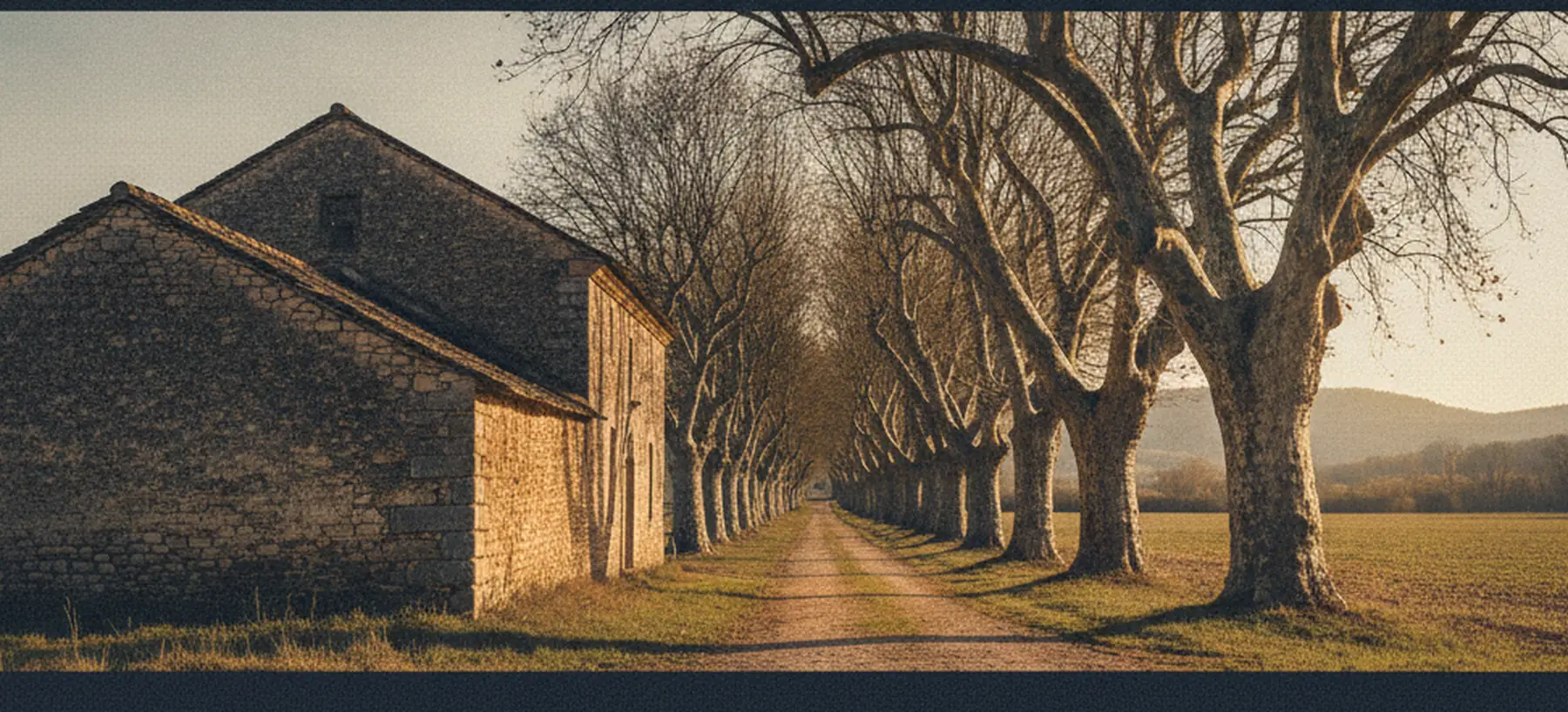 Ferme en pierre et allée de platanes en pays occitan